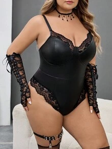SHEIN CURVE+ Plus Size Women Punk Sexy Lace Bodysuit, Elegant Bodysuit For Halloween/Autumn /Winter - Black - View 5