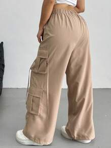 SHEIN Tall CURVE Pantalones casuales holgados de pierna ancha con bolsillos cargo de unicolor para mujer de talla grande - Caqui - Ver 2