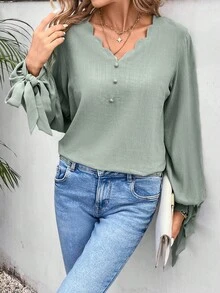 SHEIN Frenchy Bluse mit Bogenkante, Knoten, Laternenärmeln,