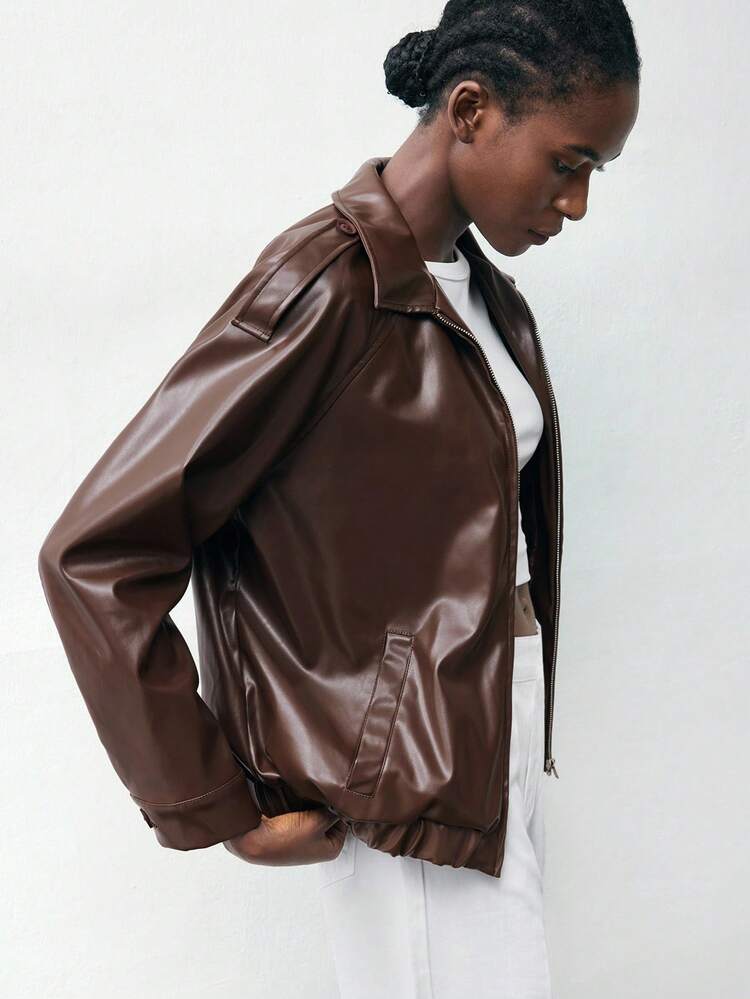 SHEIN Maija Women's Solid Color Raglan Sleeve PU Leather Casual Loose Jacket Women's Winter Jacket Going Out Brown Halloween Costumes
