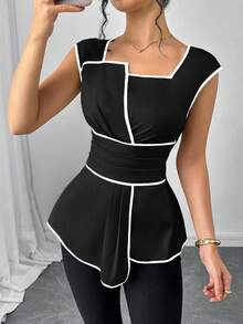SHEIN Clasi 女士下摆收腰短袖时尚优雅衬衫 - 黑色 - 查看 6