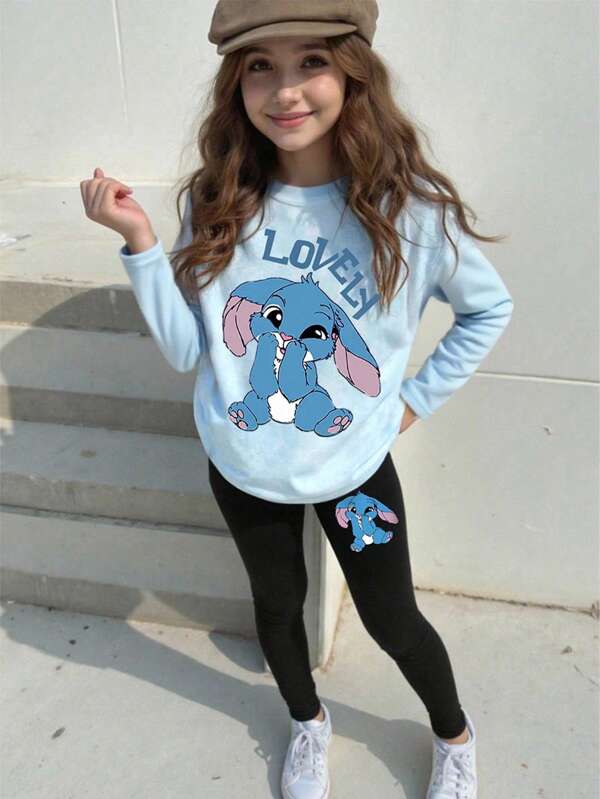 2pcs/Set Toddler Girls' Casual Cartoon Blue Rabbit Tie-Dye Digital Print Round Neck Long Sleeve T-Shirt And Leggings Set, Cute Outfit For Spring/Autumn, Back To School