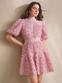 Anewsta 女士甜美优雅泡泡袖连衣裙，修身剪裁，高品质法式风格，适合春夏、情人节、生日等场合。 - 粉色 - 查看 5