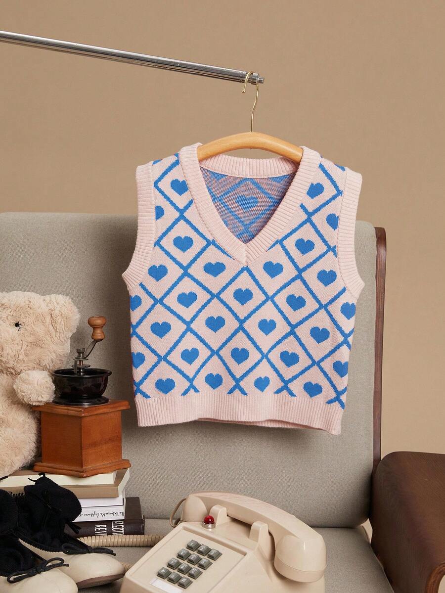 PrepCrw Young Girl Heart Pattern V-Neck Casual Loose Knitted Vest Autumn Winter Clothes For Women - Multicolor - View 1