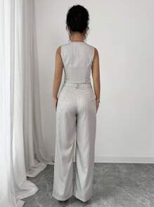 Chiquease Women Summer Striped Single-Breasted Suit Vest And Pants Loose Casual Daily Workwear Set - Khaki - View 2