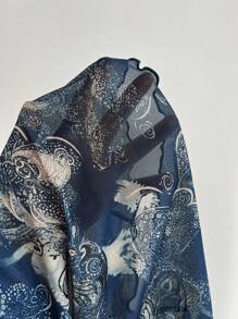 Elamini 1 件海军蓝复古网眼佩里斯印花系带 V 领收腰长袖 Y2K 女士休闲衬衫，春秋款 - 藏蓝色 - 查看 6