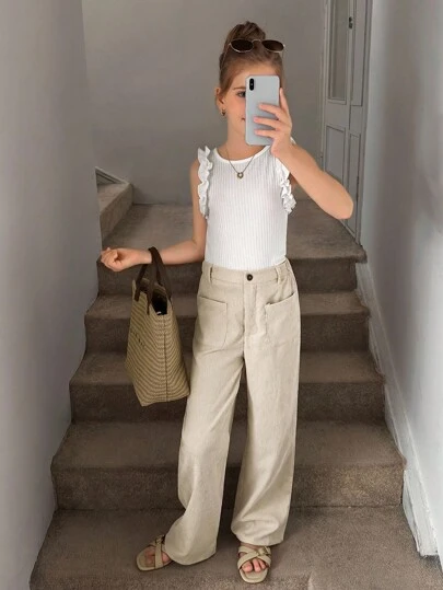 SHEIN Tween 女孩休閒純色寬腿直筒褲,梭織紋理布料,適合街頭風格