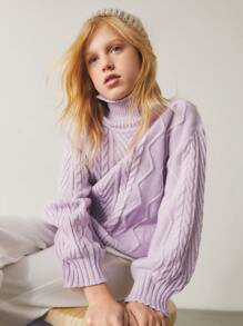 SHEIN Tween Girl Turtleneck Cable Knit Lantern Sleeve Sweater,In Fall/Winter - Lilac Purple - View 5