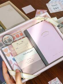 SHEIN 122pcs Material Bullet Journal Gift Box Pink A6 Journal Notebook Material Paper Stickers Tape Cute & Minimalist INS Style Bullet Journal Gift Box For Gifting