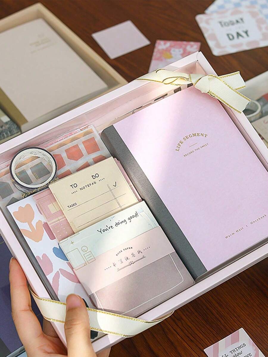 SHEIN 122pcs Material Bullet Journal Gift Box Pink A6 Journal Notebook Material Paper Stickers Tape Cute & Minimalist INS Style Bullet Journal Gift Box For Gifting