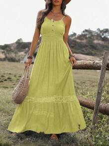 Breezaya Váy yếm ren xếp nếp viền tương phản cho nữ mùa hè, váy maxi đi biển mùa hè - Màu Mù tạt vàng - Xem 4