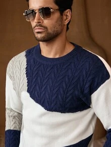 HIMLAND Men's Casual Single-Sided Twisted Rope Crew Neck Pullover Cable Knit Sweater , Fall Winter - Apricot - View 1