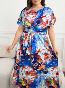 Modelyn Plus Size Elegant Floral Print Dress, Summer - Blue - View 5
