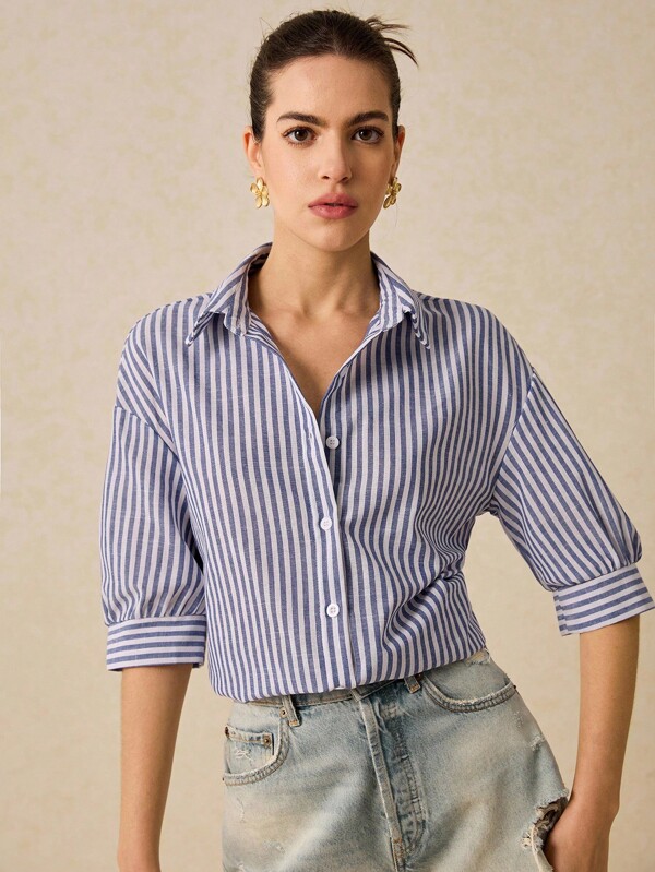 Poéselle Drop Shoulder Shirt Women's Long Sleeve Striped Shirt, Cute Summer Tops, Summer Women's Clothing, White Shirt, Fresh Casual Shirt, Button Closure, Covered Shirt, Lightweight And Breathable Made Of Comfy Material, Suitable For Holiday Going Out, Casual Daily 100% Cotton