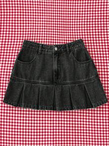 Attitoon Women's Casual Washed Pleated Denim Mini Skirt, Summer