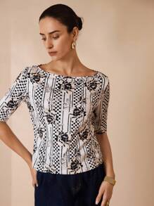 Shutterstock Glamance Women's Off Shoulder Fitted Mid-Sleeve Printed T-Shirt Women S Blouses For Summer Women S Work Tops Floral Print Top Half Sleeve Top Boat Neck Top Business Casual Outfits Elegant