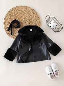 TaviRue Mommy And Me Matching Outfits(2 Pieces Are Sold Separately)Babygirl Cute Black PU Leather Jacket With Fleece Collar, Back To School,Autumn/Winter Fall - Black - View 6