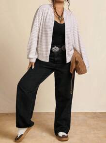 SHEIN LUNE 大码女式针织人字纹千鸟格棒球夹克拉链开衫女式轻便夹克女式披肩秋季女装秋季女装飞行员夹克商务休闲女式教师装圣诞节工作/办公室 - 杏色 - 查看 4