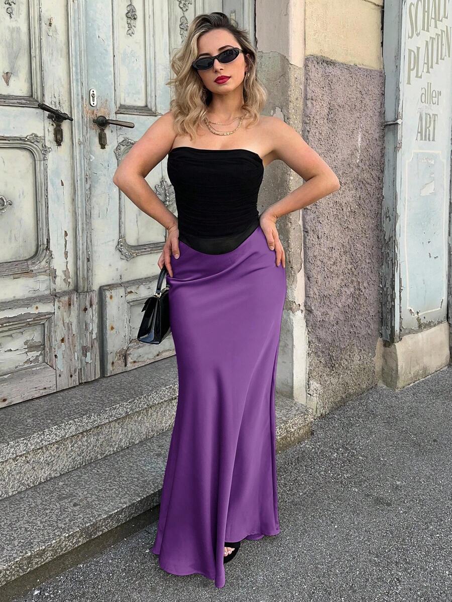 Jeta Ari 女士纯色拉链优雅通勤长裙女装 - 紫色 - 查看 1