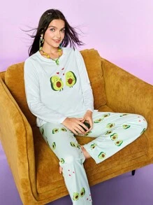 Women Cartoon Avocado Print Pajama Top And Bottom Set