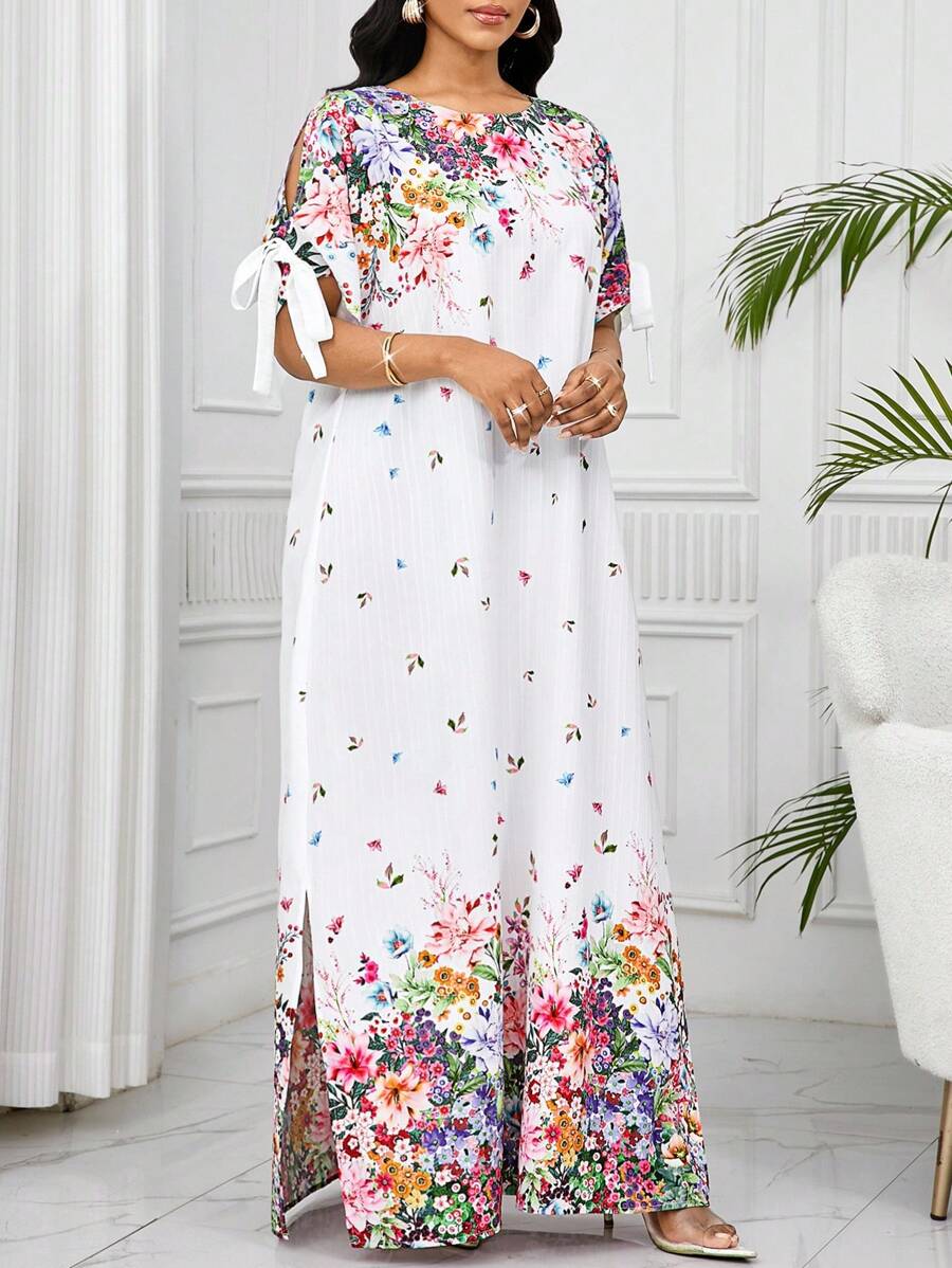 SHEIN Lady Vestido de mujer elegante de vacaciones con estampados florales y telas texturizadas, vestido suelto y holgado con mangas cortas para vacaciones, ducha nupcial, vestido largo y delgado con mangas con cordones para primavera, verano y otoño, vacaciones, atuendos de playa, vestidos de cumpleaños para mujer, vestidos elegantes para mujer, ropa occidental para mujer, atuendo de concierto de country, atuendos de cumpleaños para mujer, vestido de vacaciones, atuendo de concierto para mujer, vestido floral para mujer, ropa bohemia para mujer, atuendos de brunch para mujer, atuendos de vacaciones en la playa, vestido de fiesta de té, vestido de hada europeo de verano - Multicolor - Ver 1