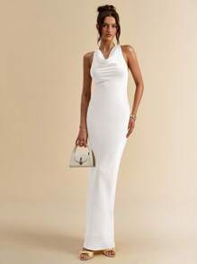 SHEIN BAE 女式夏季纯黄色垂坠领露背缎面连衣裙 - 白色 - 查看 2