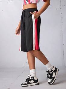 Streetz SHEIN Sport 女士运动短裤，返校装，毕业典礼，返校，女士休闲运动短裤，夏季街头风格，日常穿着的松紧腰短裤，拳击百慕大短裤，黑色和红色短裤，百慕大短裤，篮球短裤，网眼运动服，运动服，健身，健身房，网球，匹克球，Y2k Active，健身，健身房，Padel，网球，匹克球 - 黑色 - 查看 3