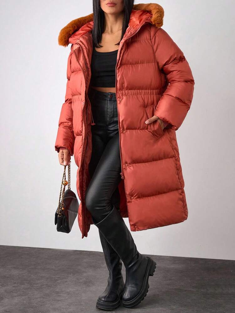 EURMUSE Solid Color, Faux Fur Hooded, Zip Up Winte Coar - Bronze - View 3