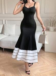 DAZY Elegant Square Neck Sleeveless Mermaid Hem Midi Dress For Women