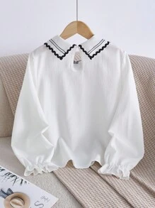 女童休闲长袖蕾丝花边套头衫，优雅花卉刺绣领衬衫，适合外出，简约白色上衣