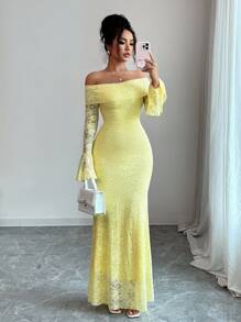 Selianne Vestido midi con hombros descubiertos, mangas acampanadas y ajuste elegante y versátil para mujer, en estilo minimalista y de moda, apto para otoño