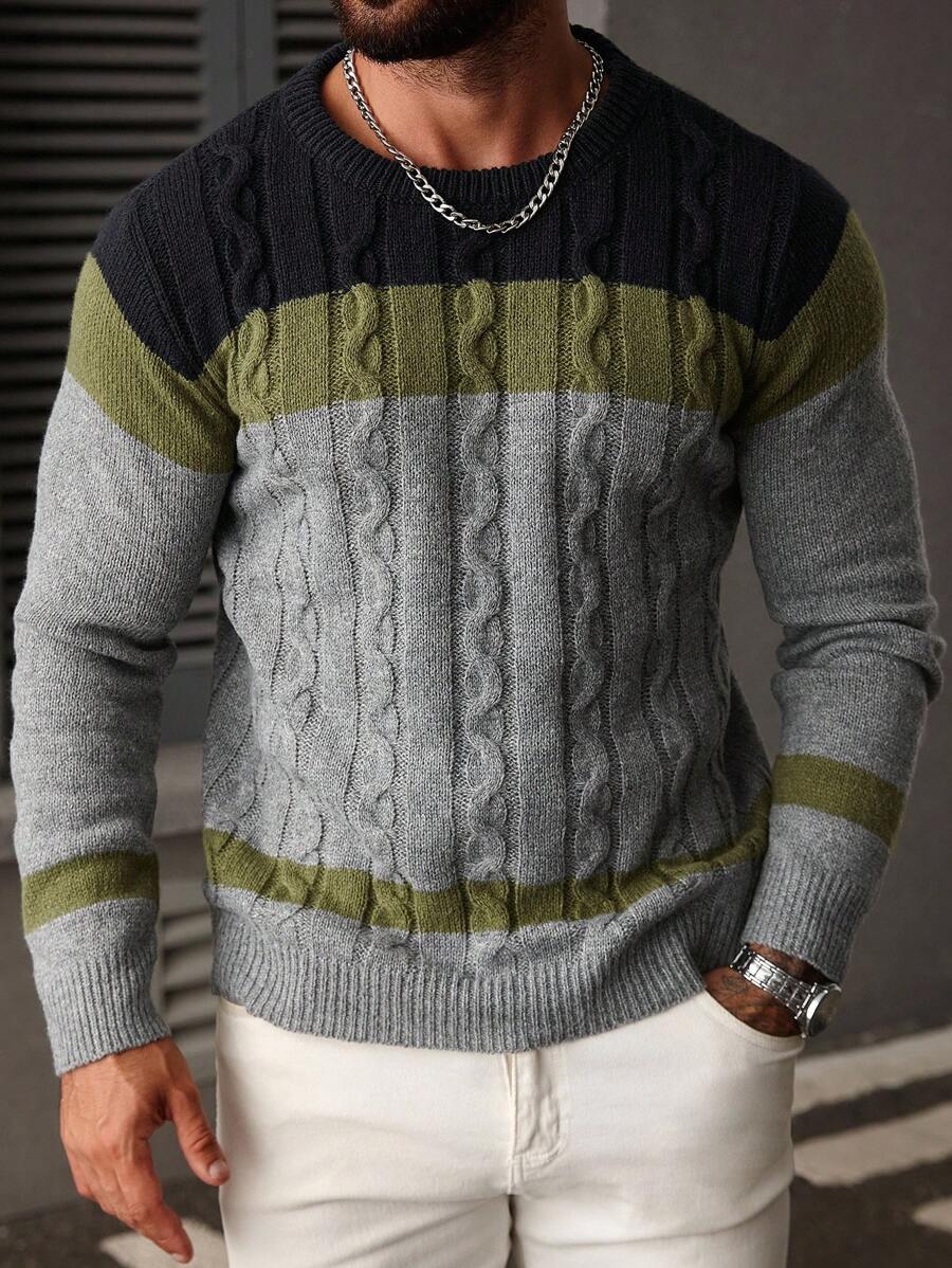 Manfinity Homme 男士圆领毛衣、长袖针织套头衫,适合休闲装、居家装、上班通勤装、送给男朋友/家人的礼物、秋冬圣诞节、秋冬 - 軍綠色 - 查看 1