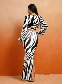 Roylia Zebra Print Fashion Black & White Long Sleeve Shirt And Pants Casual Suit For Women,White Animal Print,Autumn,Chic,Party Night Summer Holiday - Black and White - View 6