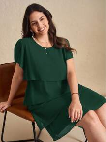 Chikora Plus Size Women's Solid Color Round Neck Ruffle Hem Loose Casual Dress