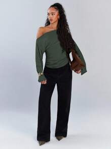 Athîral 女士休闲纯色不对称领抽绳上衣，秋季 - 墨綠色 - 查看 8