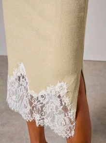 COSMINA Women's Elegant Lace Patchwork Knit Sweater Skirt, Autumn/Winter,Fall - Khaki - View 7