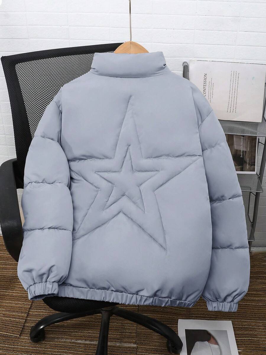 SHEIN Teen Girl's Hazy Blue Stand Collar Loose Casual Versatile Woven Jacket Girls Star Jacket Kids Star Puffer Jacket Fall Winter - Dusty Blue - View 1