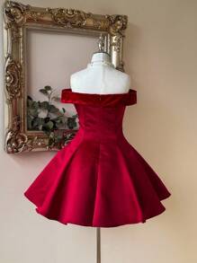 SHEIN Belle Elegante y lujoso vestido rojo con hombros descubiertos y parches de satén con diseño evasé para boda, fiesta, vacaciones, baile de graduación (con adornos elaborados), vestido semi formal para cumpleaños, invitado de boda, fiesta de graduación - Rojo - Ver 2