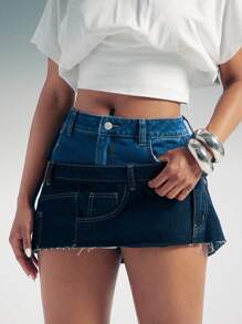 Denimoi Stacked Waist Low Rise Raw Hem Denim Micro Mini Skirt - Dark Wash - View 2