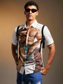 FeverCity Men's Fashionable Figure Print Short Sleeve Shirt, Summer