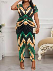 SHEIN Lady 加大码 V 领短袖简约连衣裙，时尚夏季复活节连衣裙女式复活节连衣裙商务休闲女士度假波西米亚风 - 黑色 - 查看 5