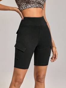 SHEIN FlexDen 女式松紧腰工装口袋紧身休闲牛仔短裤 - 黑色 - 查看 3
