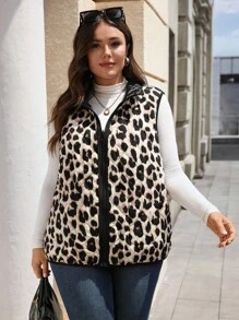 EMERY ROSE Plus Size Women Leopard Print Reversible Zipper Front Casual Vest Jacket, Winter, Fall Women's Clothes, Autumn/Winter,Winter Clothes For Women - Black - View 9