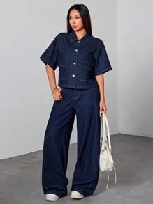 SHEIN 少女纯色水洗深蓝色牛仔衬衫翻领短袖上衣夏季牛仔套装办公室装学院风女孩秋季衬衫、返校装女孩、学校上衣、返校装