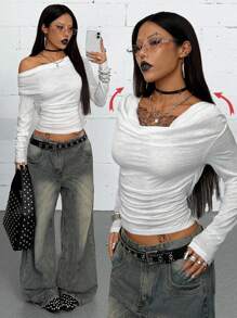 Coolane Damen Sommer Streetwear Musik Festival Lässig minimalistisches rückenloses asymmetrisches Hals weißes T-Shirt - Weiss - Übersicht 1