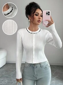 Elenzga 秋冬新款复古圆领蕾丝边青春修身休闲女开衫 - 彩色 - 查看 1