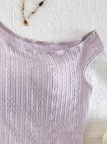 SHEIN Bộ 2 món đồ thường ngày cho bé gái tuổi mới lớn: Áo len dệt kim lệch vai có họa tiết và quần short ôm sát, thích hợp cho tiệc tùng, bãi biển, du ngoạn, lễ hội, mùa hè - Màu tím hoa cà - Xem 5