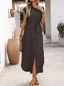 EMERY ROSE 女式纯色度假休闲通勤衬衫裙，有领，前中开口，左胸口袋，宽松版型，腰部系带蝴蝶结，侧开衩下摆，蝙蝠袖，超长款，春夏 - 棕色 - 查看 3