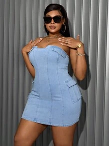 SHEIN SXY Casual Elastic Denim Strapless Dress - Light Wash - View 5