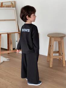 Hapijoa 2 件套男童休闲宽松字母印花夹克和直筒运动裤套装，秋季 - 灰色 - 查看 1